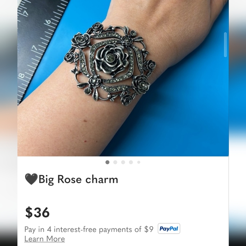 Vintage Silver Tone Hinged Rose Clamp Bracelet W/Rhinestones & Faux Pearls - Picture 5 of 5